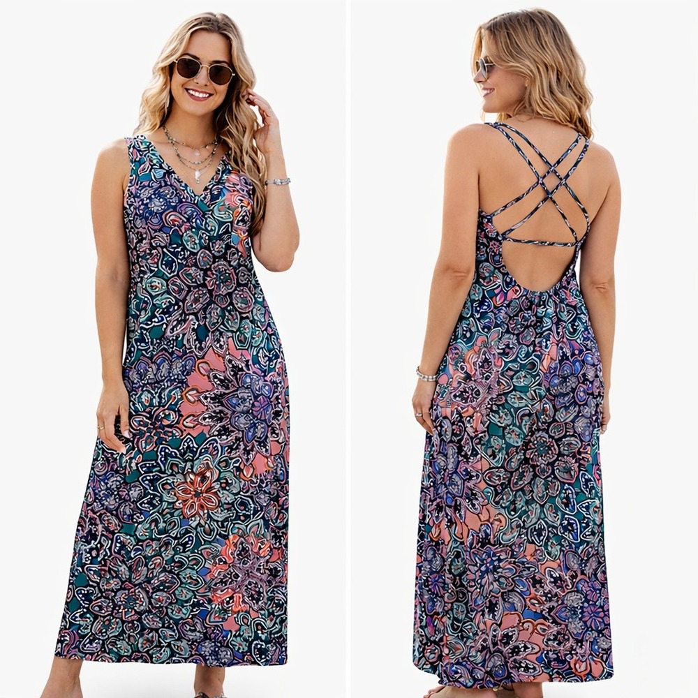 Maxi Dress Floral Print‎ Sleeveless Crisscross Back M Boho Festival Beach